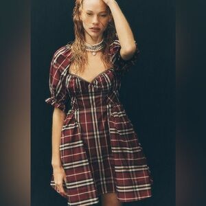 Anthropologie Maeve Red Tartan Plaid Puff Sleeve Mini Dress Size M NWT
